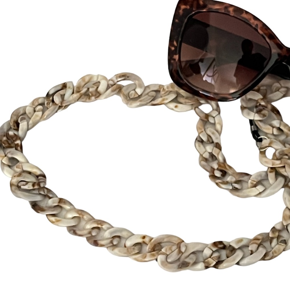 Acrylic Sunglasses Chain Necklace- Cream & Brown Marble Eyewear Holder New